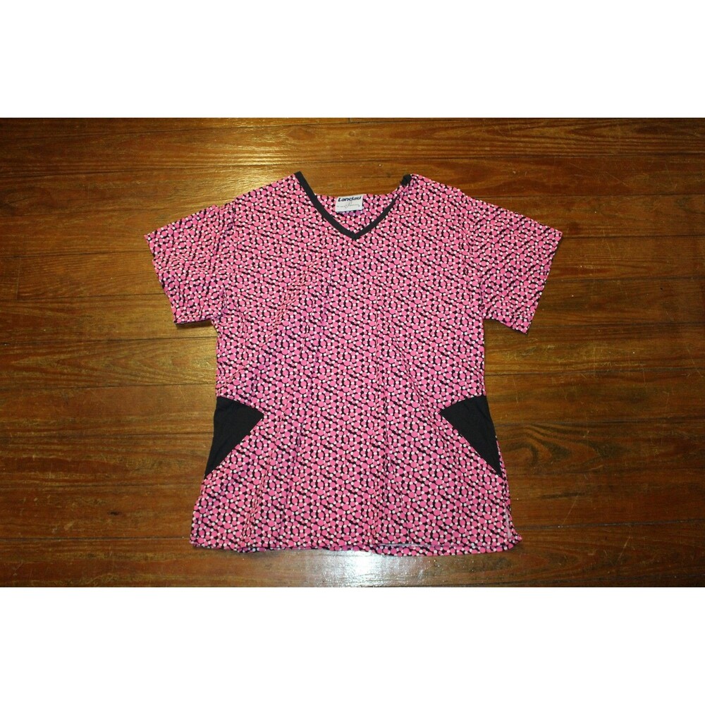 Landau Uniform Scrub Top Pink Black Polka Dots Short Sleeve Size Medium Pockets